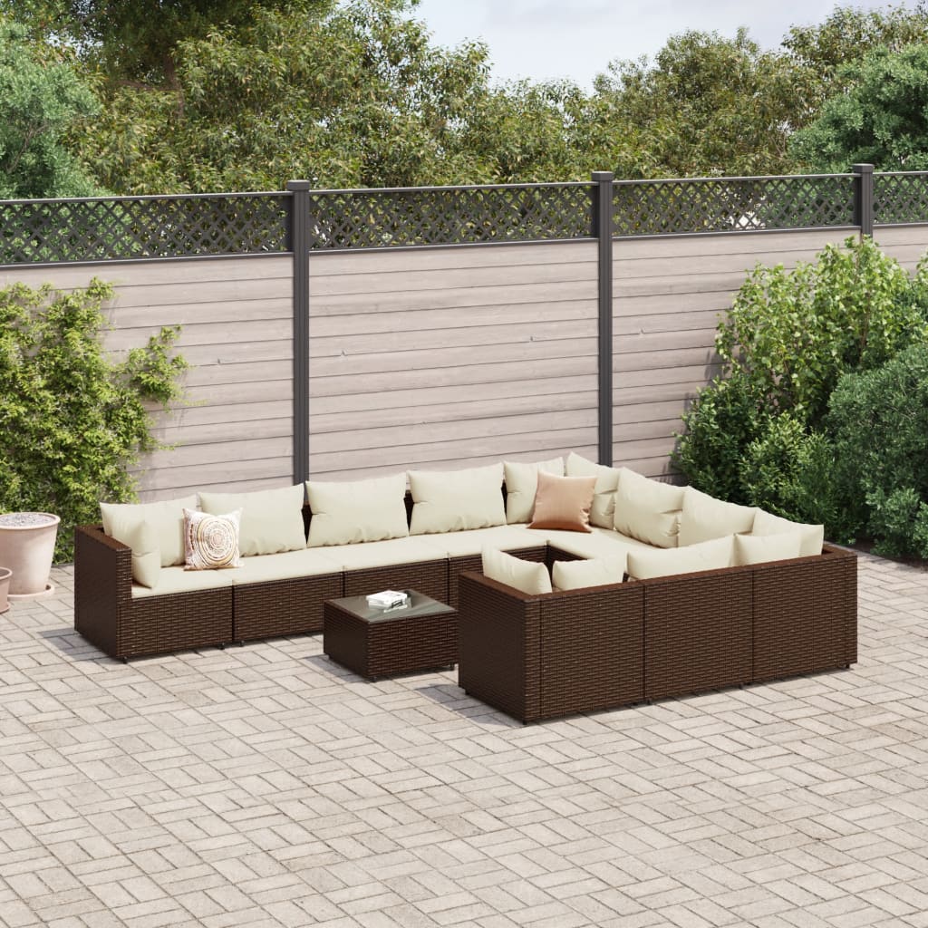 11 Pcs conjunto sofás de jardim c/ almofadões vime PE castanho