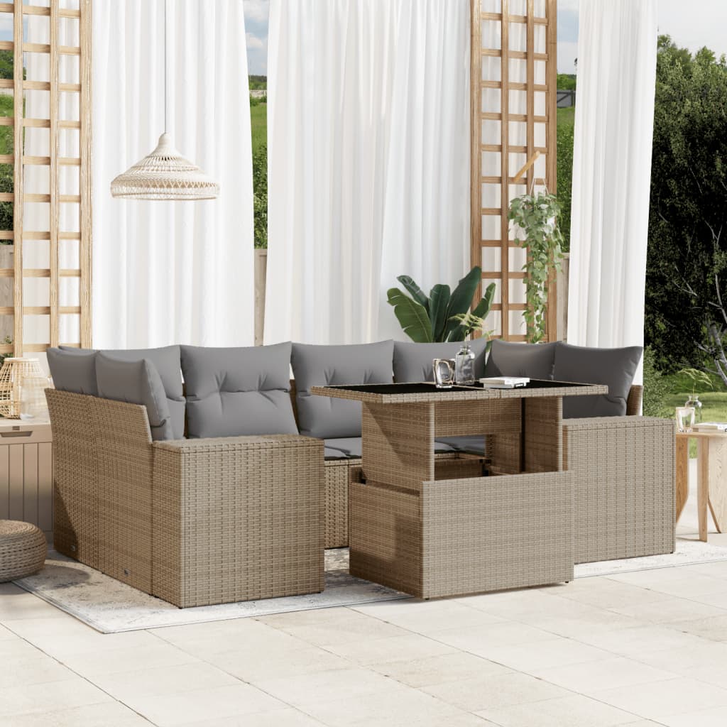 7 Pcs conjunto de sofás p/ jardim com almofadões vime PE bege