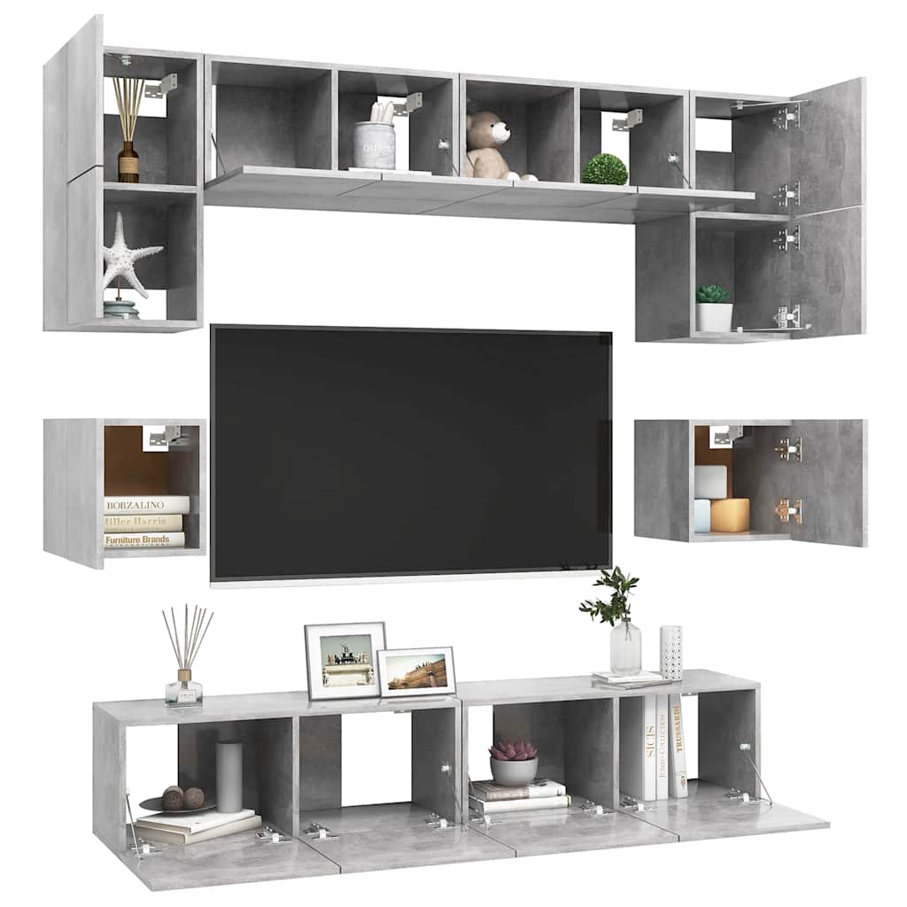 8 Pcs conjunto de móveis TV derivados madeira cinzento cimento