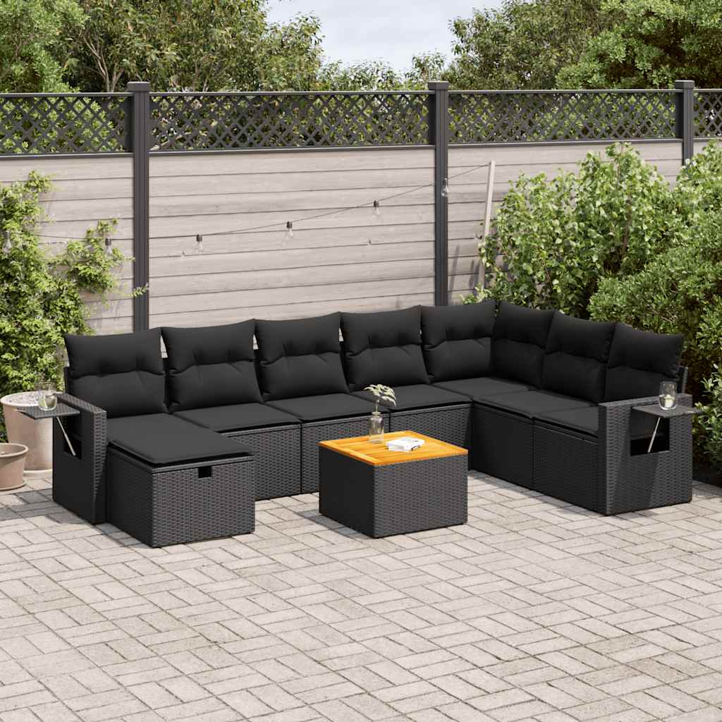 9 Pcs conjunto de sofás p/ jardim c/ almofadões vime PE preto
