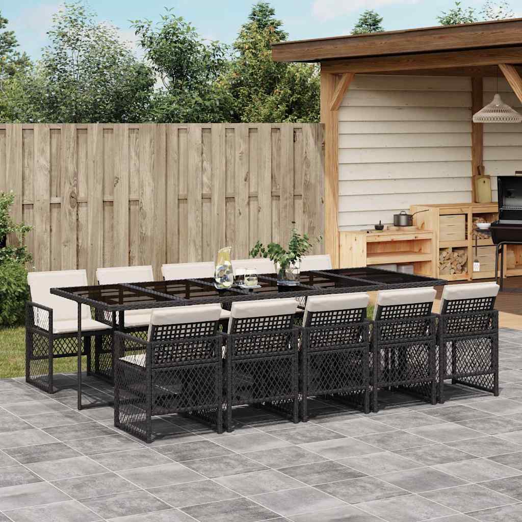11 Pcs conjunto de jantar p/ jardim c/ almofadões vime PE preto