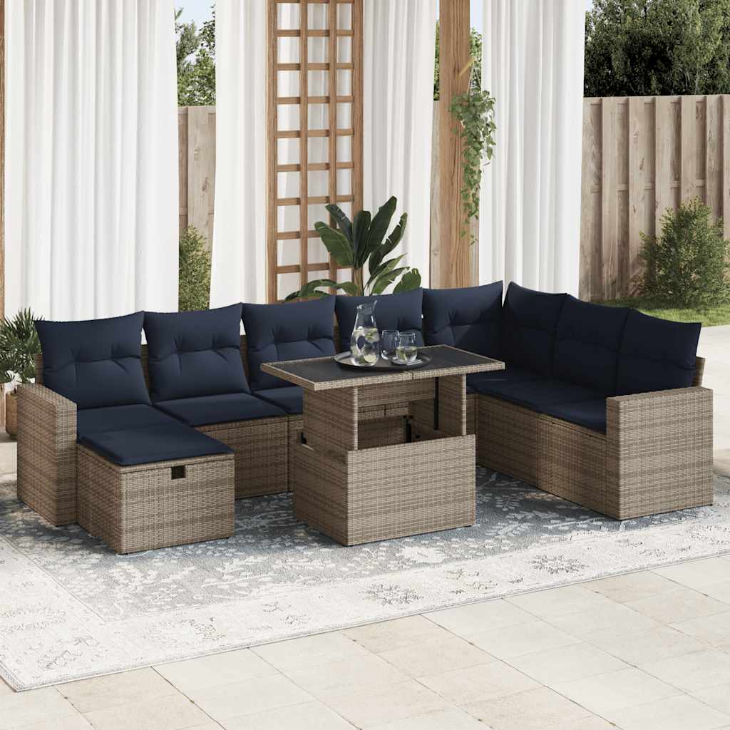 9 Pcs conj. sofás jardim c/ almofadões vime PE cinzento