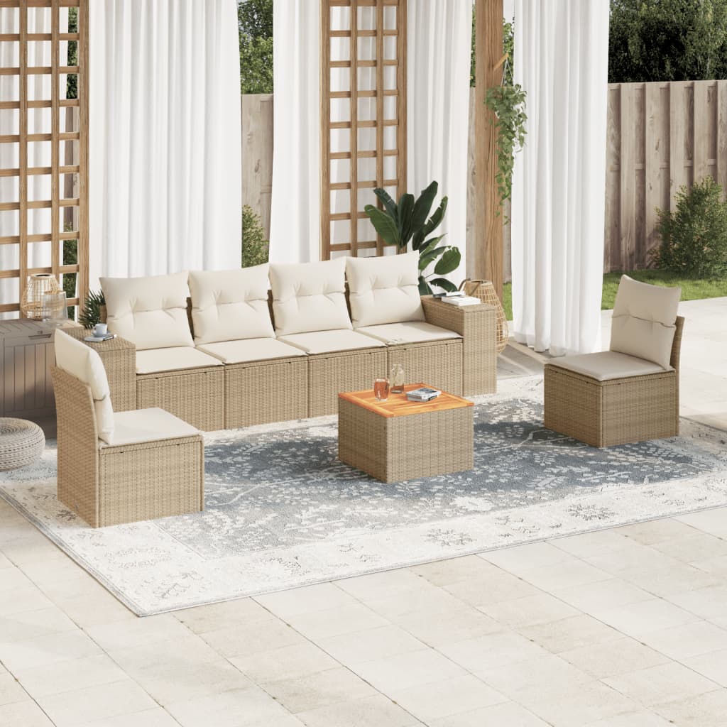 7 Pcs conjunto de sofás p/ jardim com almofadões vime PE bege