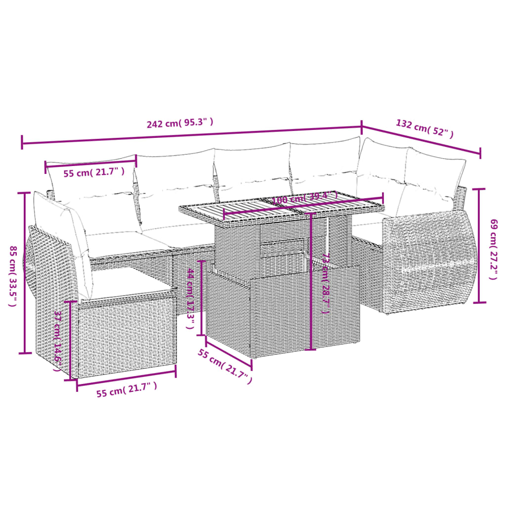 7 Pcs conjunto sofás p/ jardim c/ almofadões vime PE cinzento