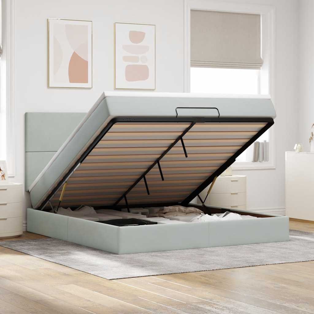 Estrutura cama otomana colchões 160x200cm veludo cinzento claro