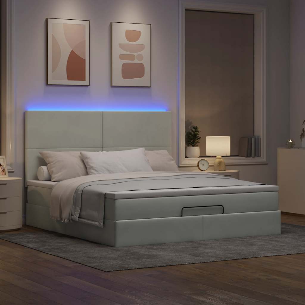 Estrutura cama otomana colchões 160x200cm veludo cinzento claro