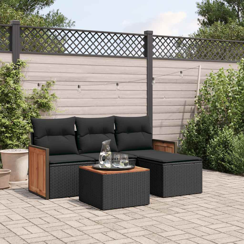 5 Pcs conjunto sofás de jardim com almofadões vime PE preto