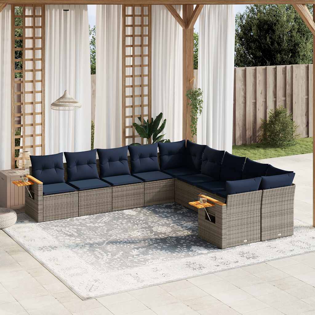 10 Pcs conjunto sofás p/ jardim c/ almofadões vime PE cinzento