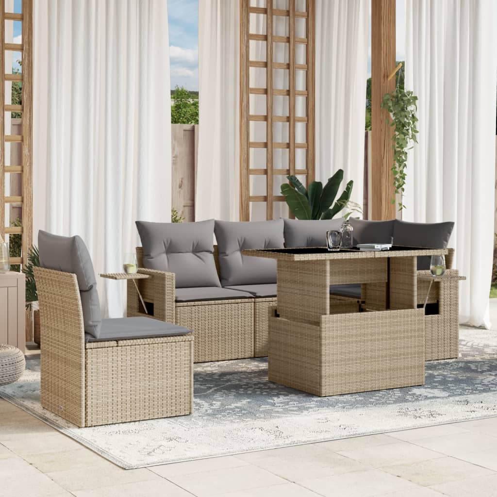 6 Pcs conjunto de sofás p/ jardim com almofadões vime PE bege