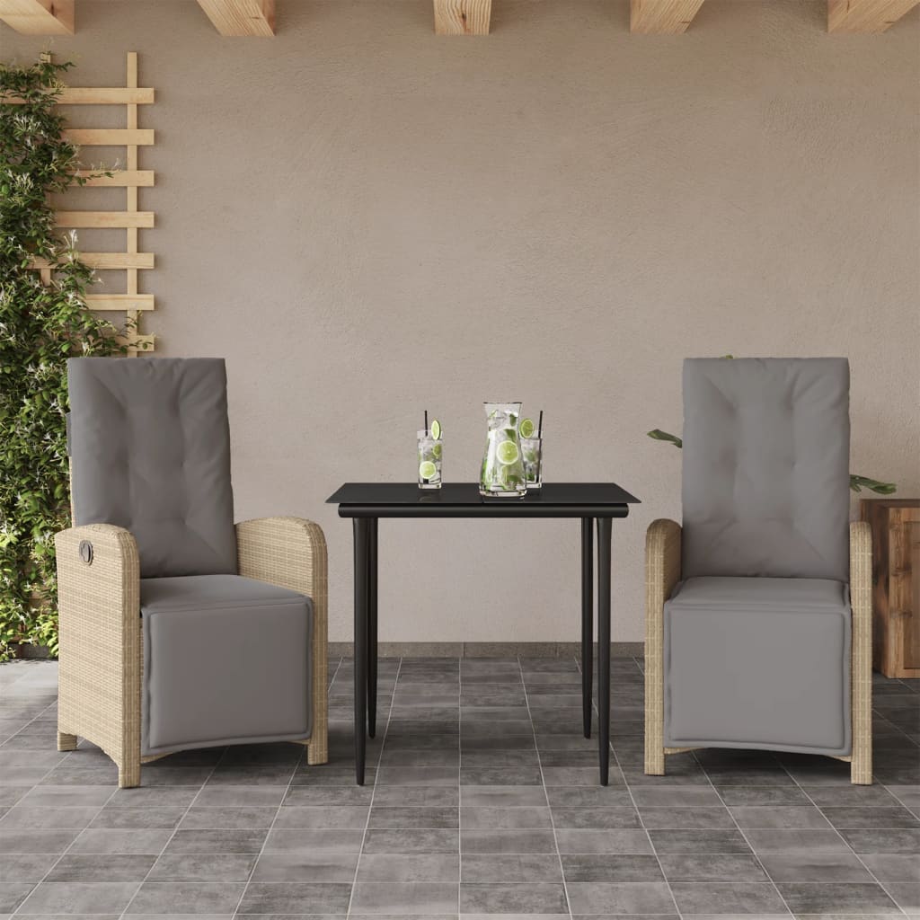 3 Pcs conjunto bistrô com almofadões vime PE bege