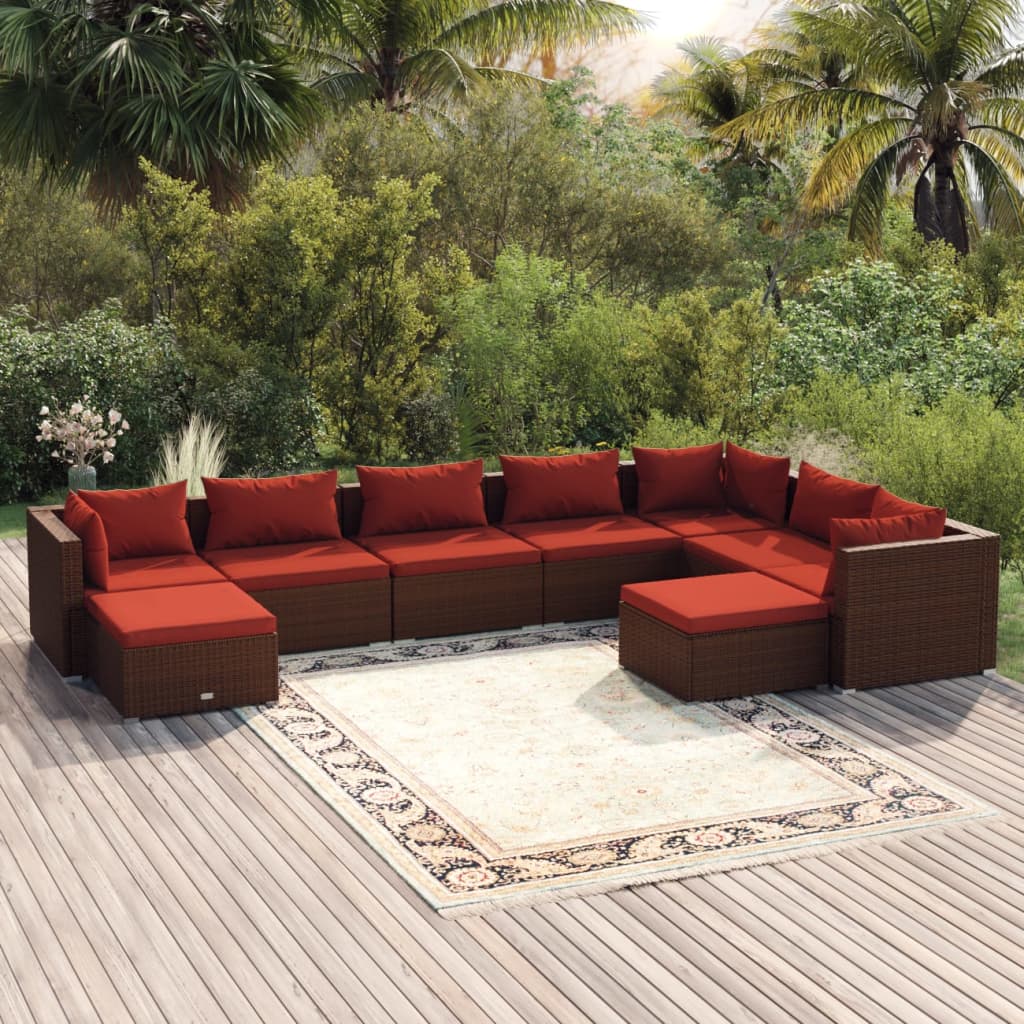 9 Pcs conjunto lounge jardim c/ almofadões vime PE castanho