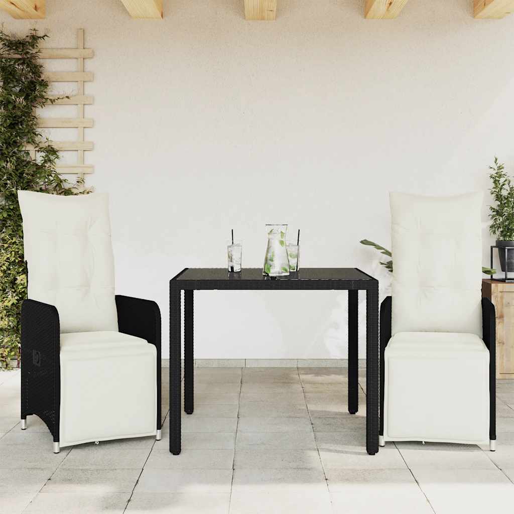 3 Pcs conjunto bistrô de jardim c/ almofadões vime PE preto