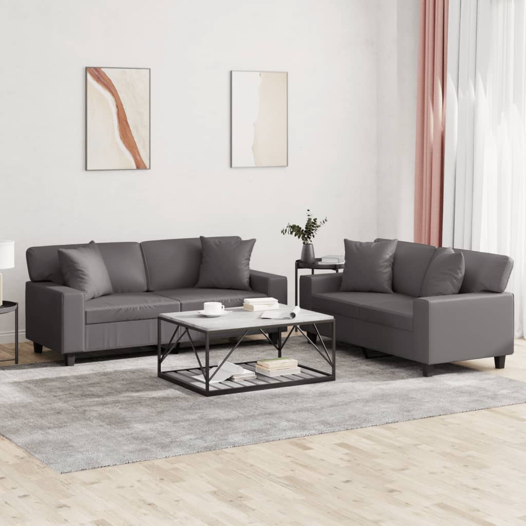 2 Pcs conjunto de sofás com almofadas couro artificial cinzento