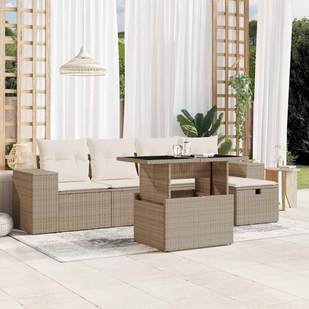 6 Pcs conjunto de sofás p/ jardim com almofadões vime PE bege