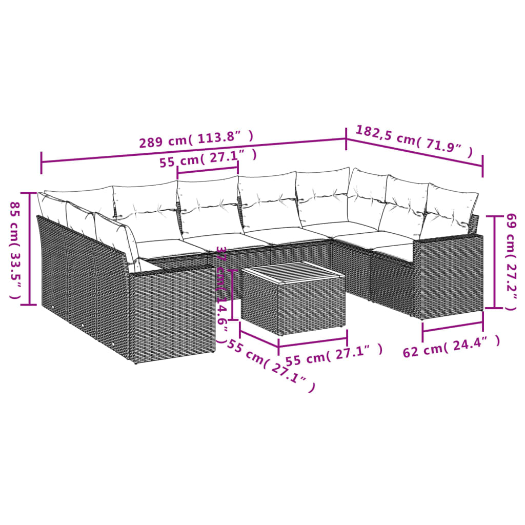 10 Pcs conjunto sofás de jardim c/ almofadões vime PE cinzento