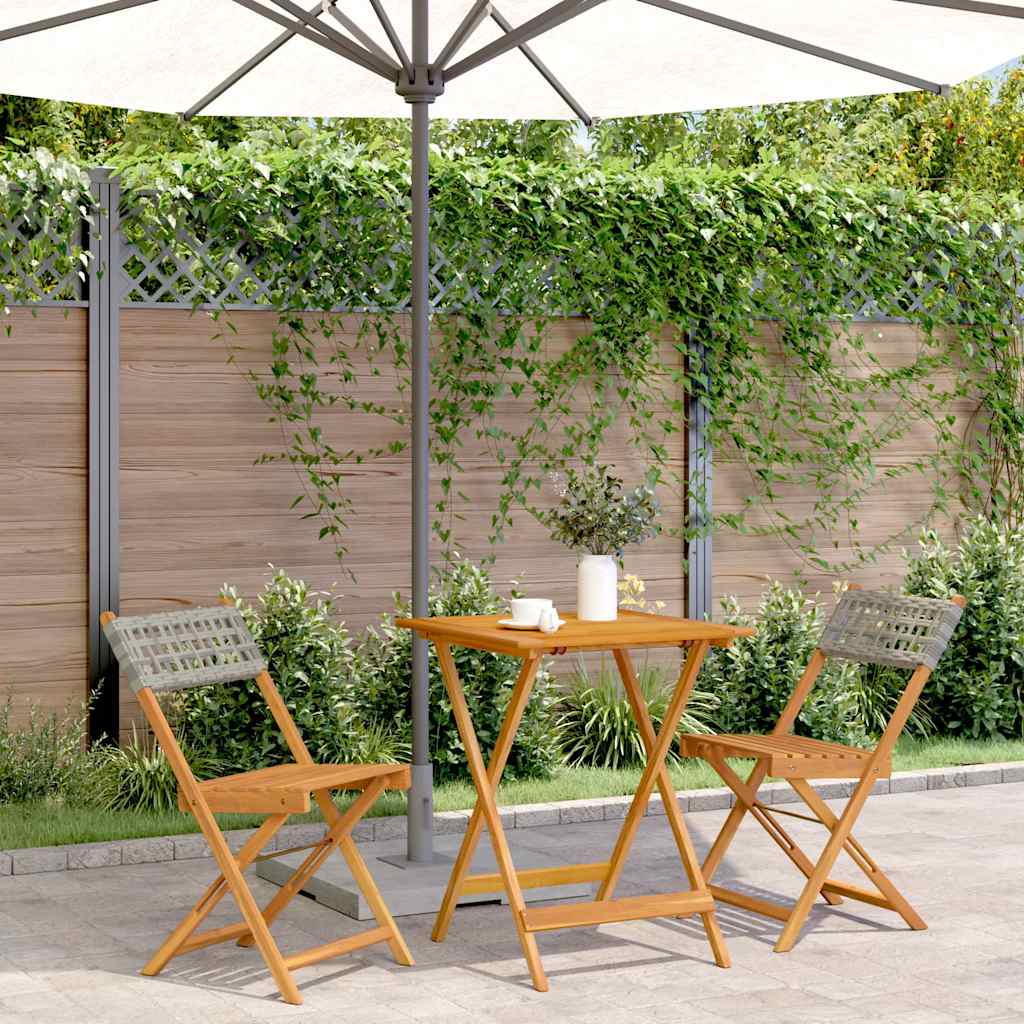 3 Pcs conjunto de bistrô vime PE e madeira maciça cinzento