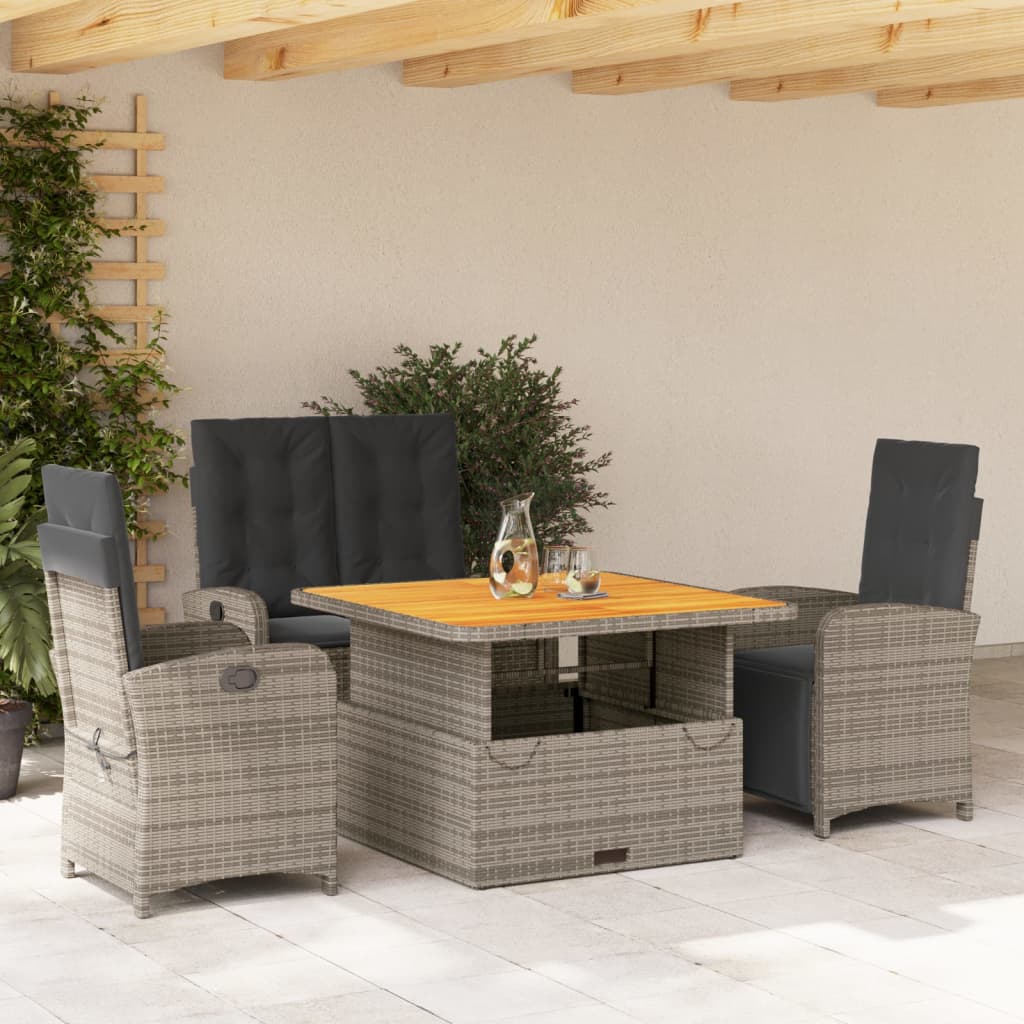 4 Pcs conjunto de jantar p/ jardim c/ almofadões vime PE cinza