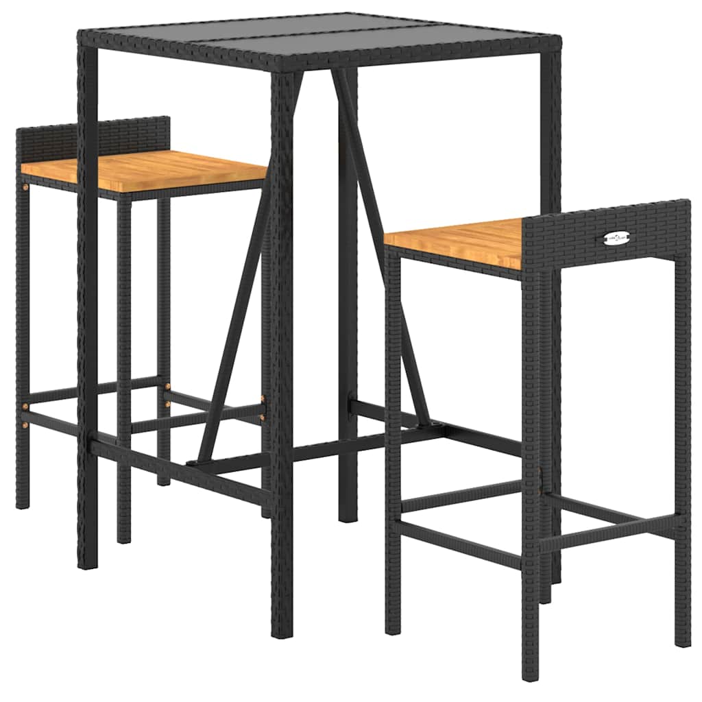 3 Pcs conjunto de bar p/ jardim vime PE/acácia maciça preto