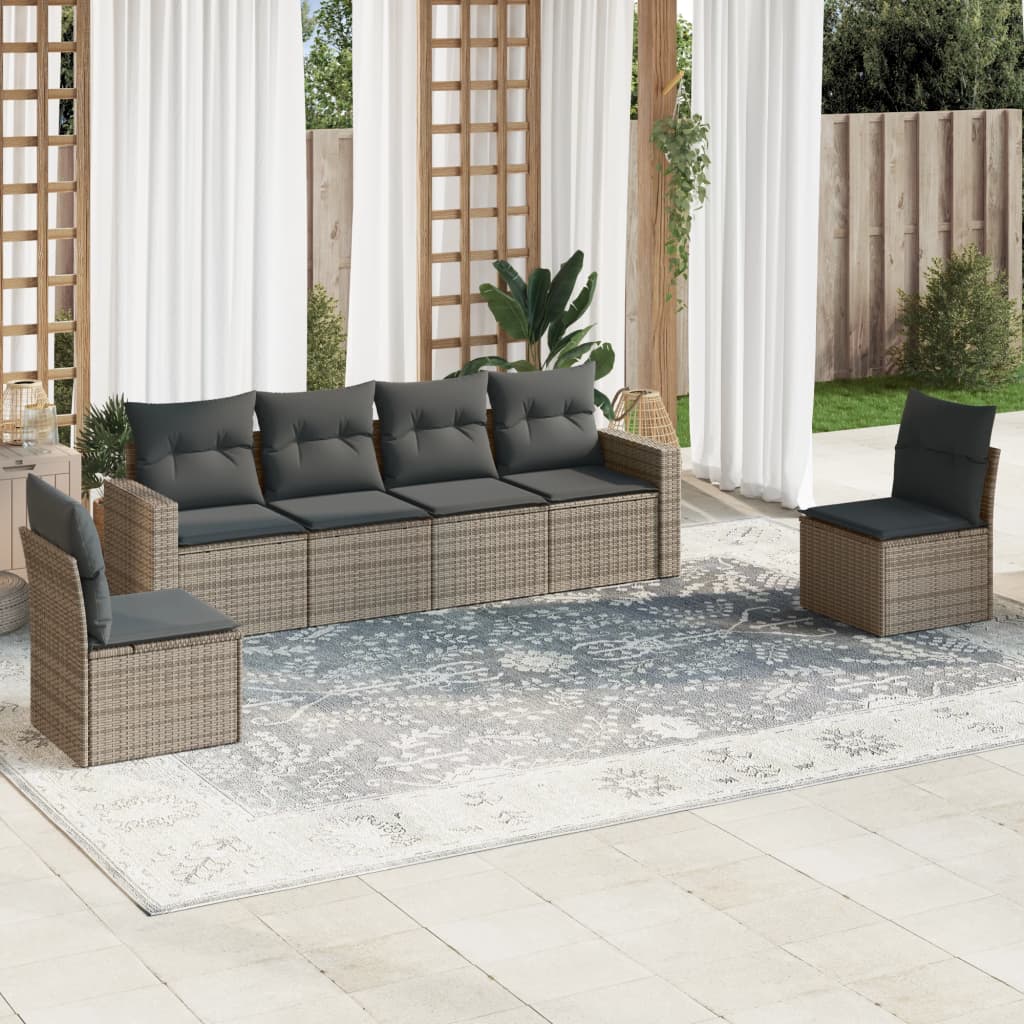 6 Pcs conjunto sofás de jardim com almofadões vime cinzento