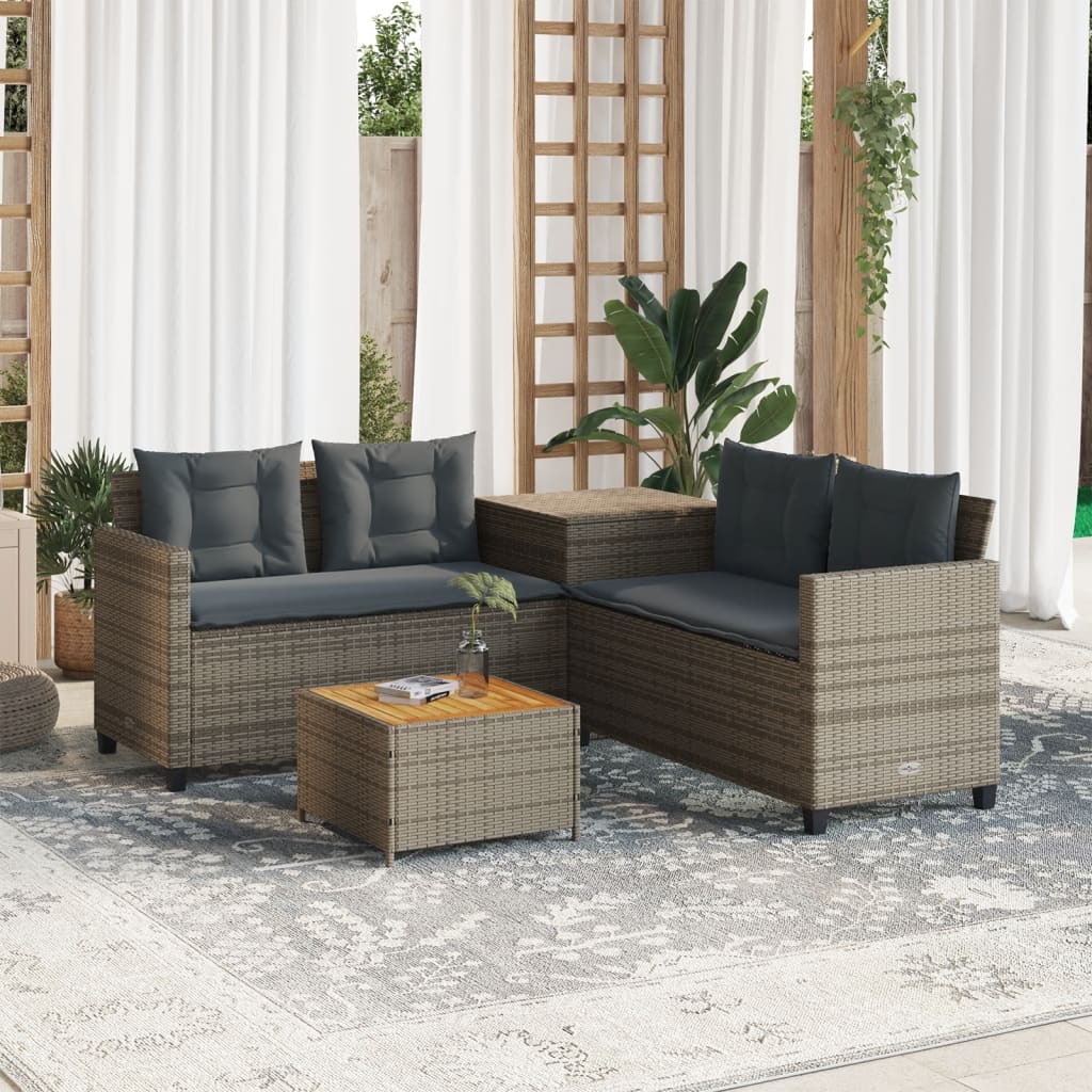 Sofá de jardim forma de l c/ mesa e almofadões vime PE cinzento