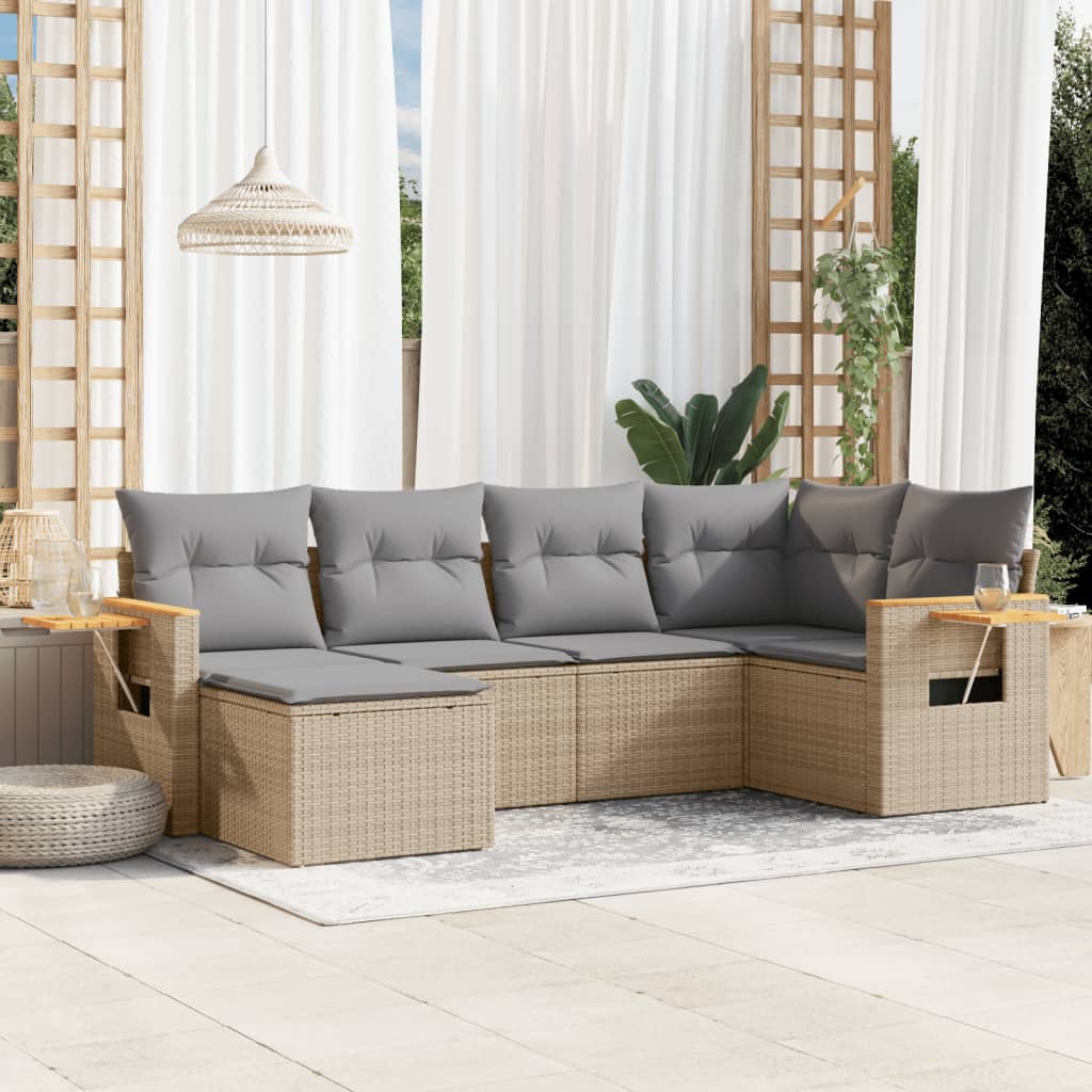 6 Pcs conjunto de sofás p/ jardim com almofadões vime PE bege