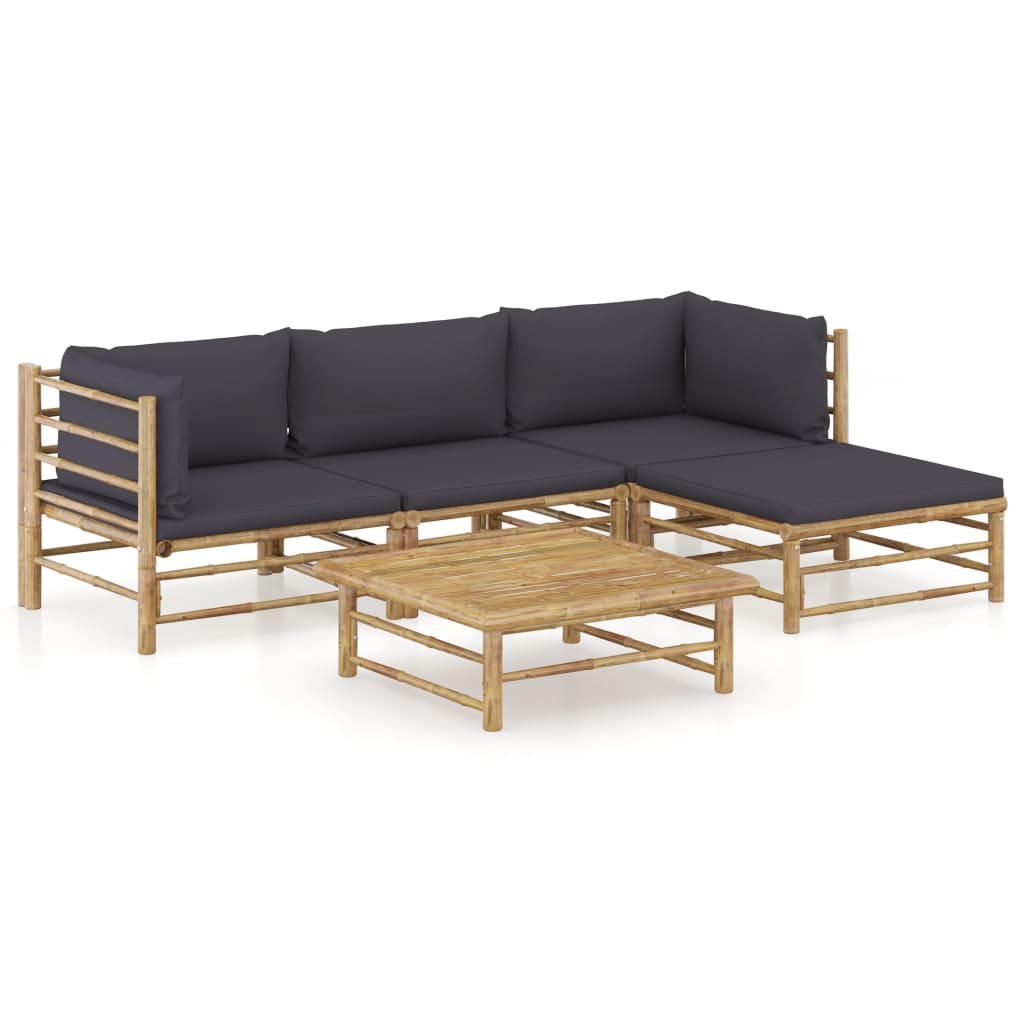 5 Pcs conj. lounge jardim em bambu c/ almofadões cinza-escuro