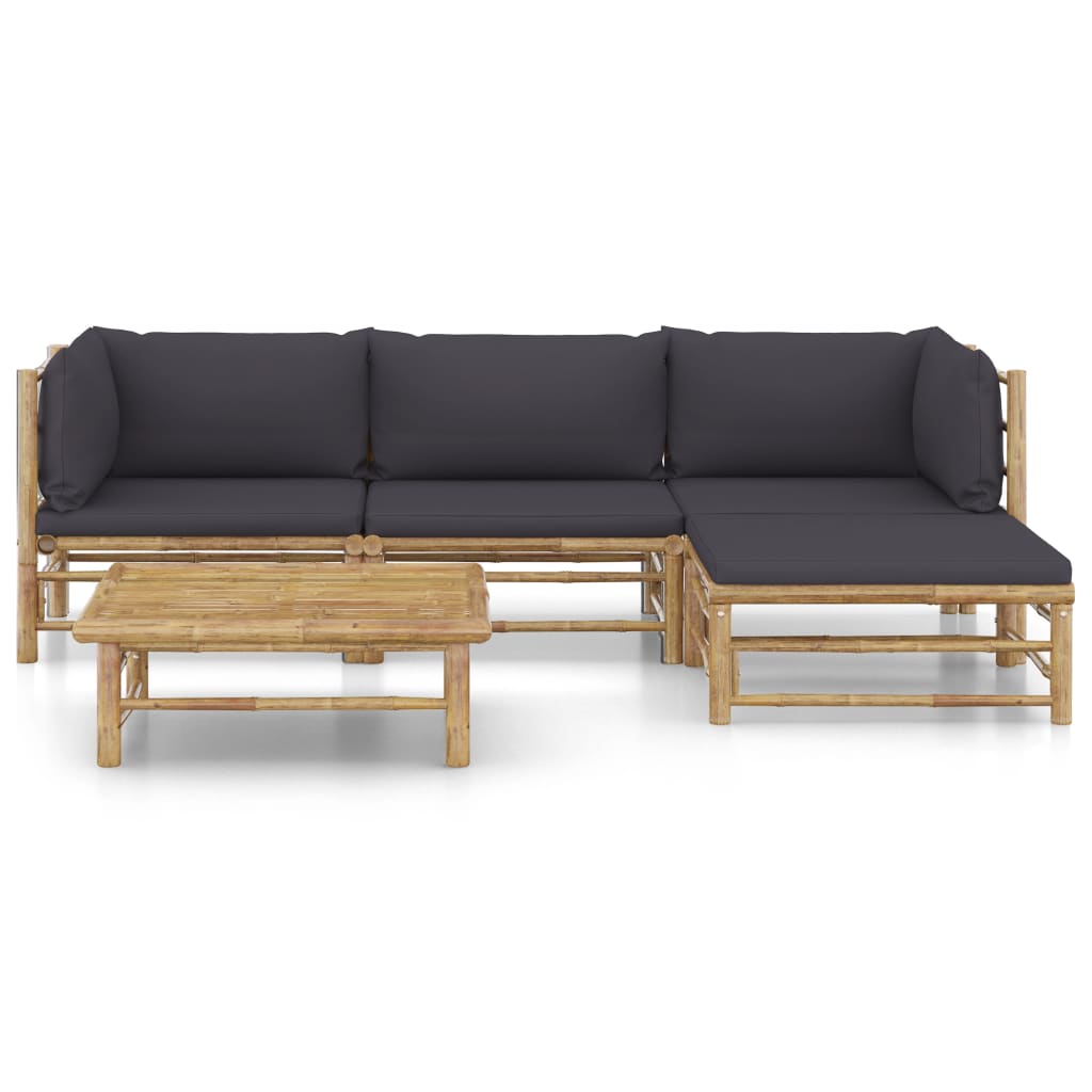 5 Pcs conj. lounge jardim em bambu c/ almofadões cinza-escuro