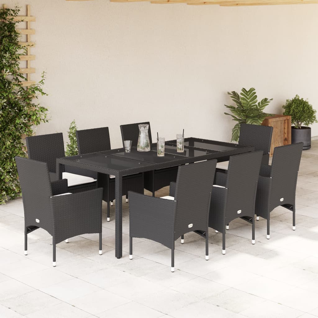 9 Pcs conjunto jantar jardim c/ almofadões vime PE/vidro preto