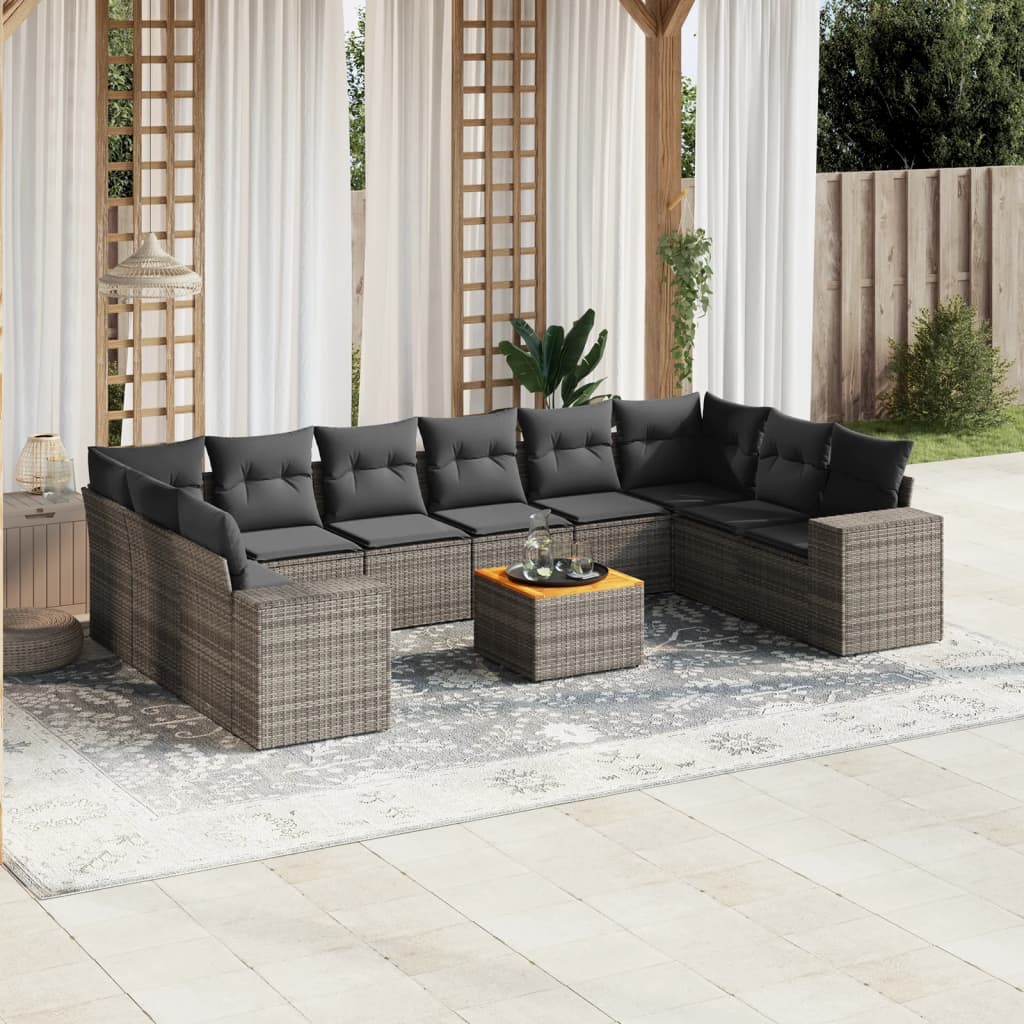 11 Pcs conjunto sofás de jardim c/ almofadões vime PE cinzento