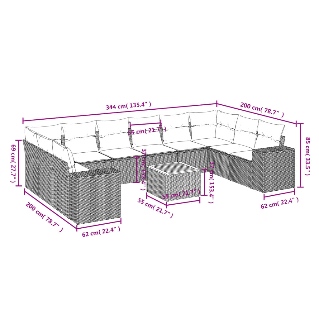11 Pcs conjunto sofás de jardim c/ almofadões vime PE cinzento