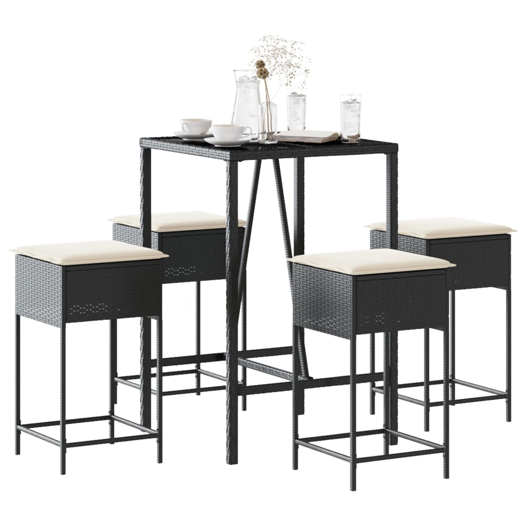 5 Pcs conjunto de bar p/ jardim c/ almofadões vime PE preto