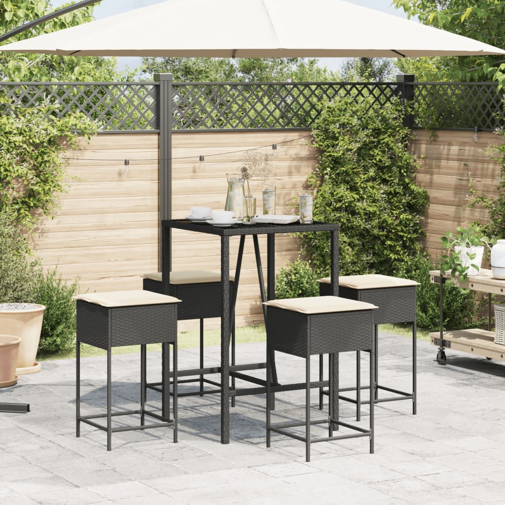 5 Pcs conjunto de bar p/ jardim c/ almofadões vime PE preto