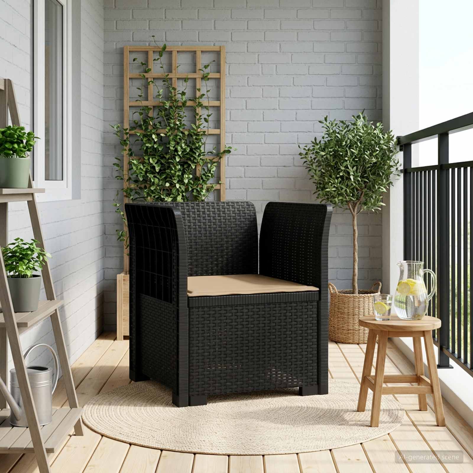 Poltrona 1 lugar com almofada look rattan PP antracite