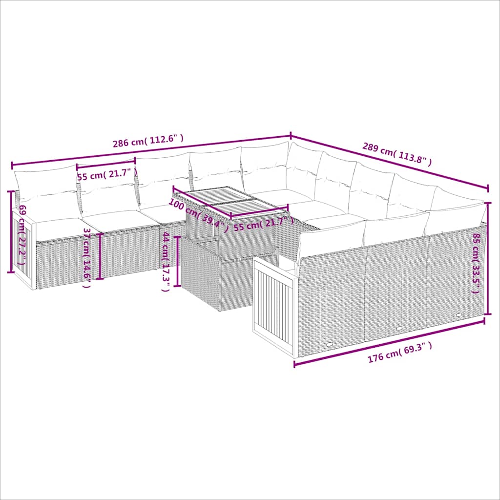 11 Pcs conjunto sofás de jardim c/ almofadões vime PE preto
