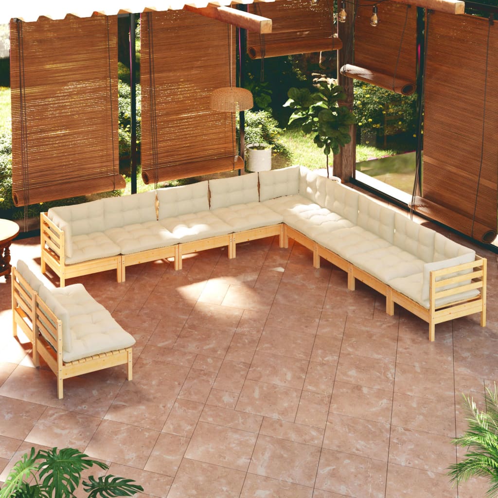 11 Pcs conjunto lounge jardim c/ almofadões creme pinho maciço