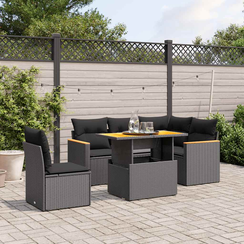 6 Pcs conjunto sofás de jardim c/ almofadões vime PE preto