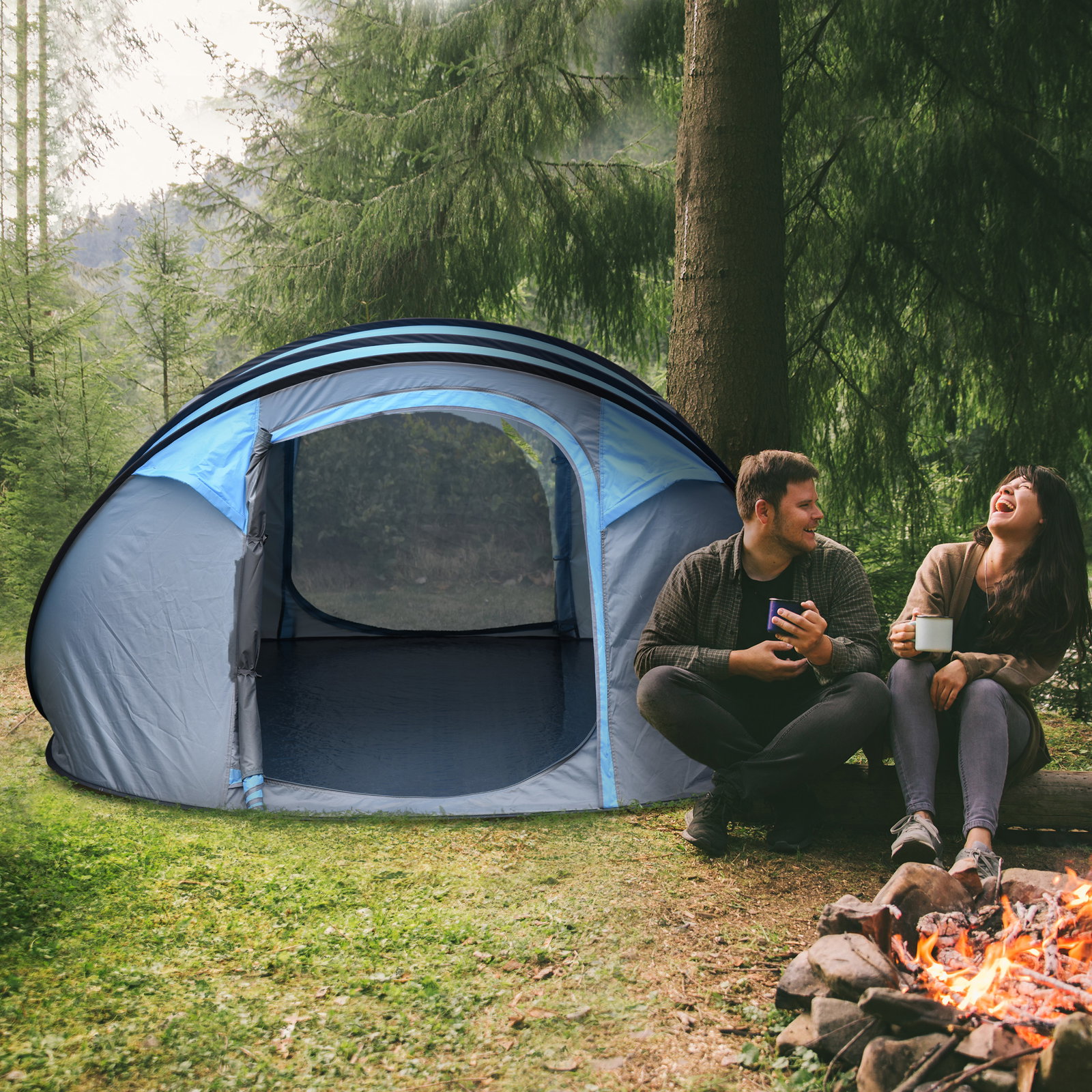 Tenda de campismo pop-up para 2-3 pessoas com janelas impermeável anti-UV 263,5x220x123 cm azul