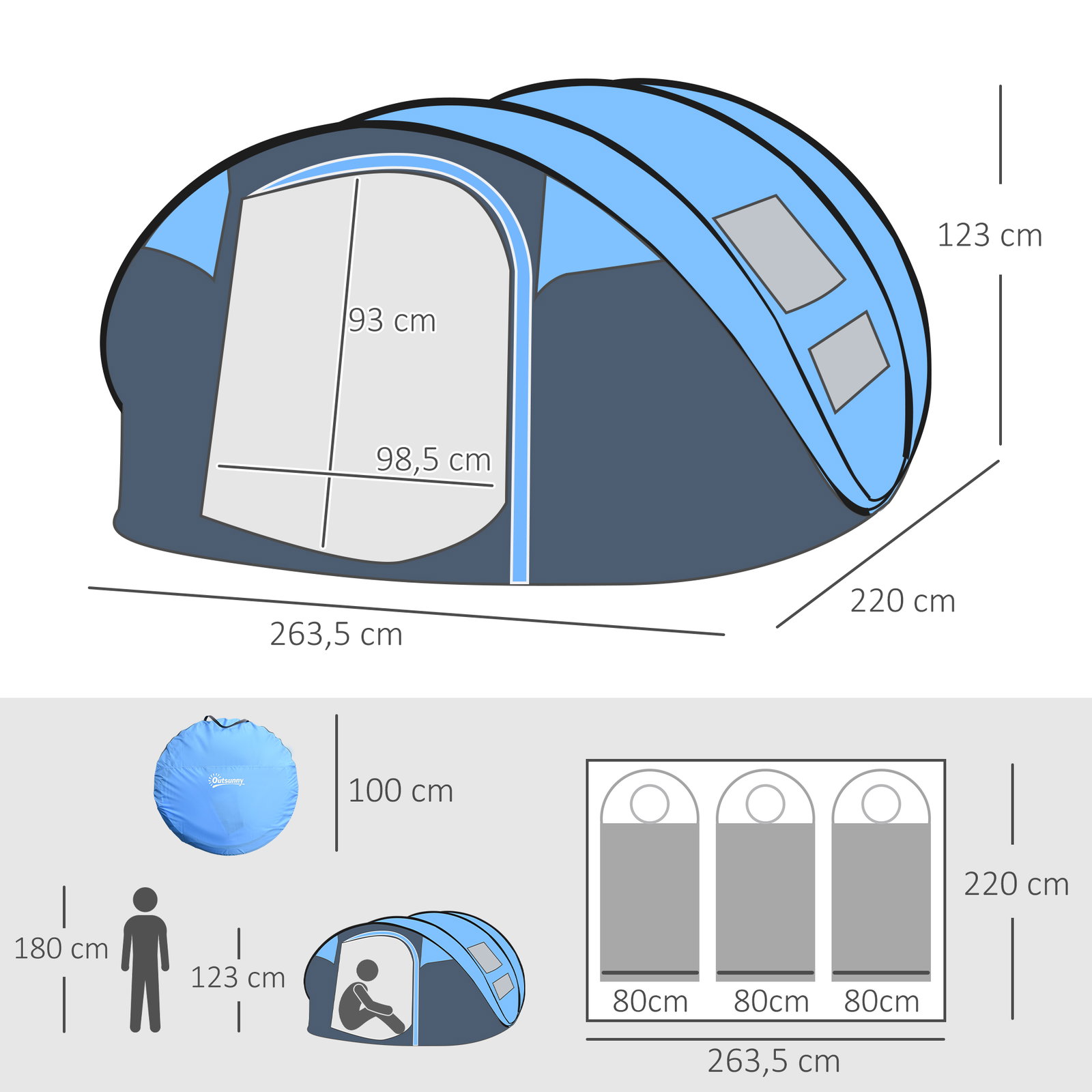 Tenda de campismo pop-up para 2-3 pessoas com janelas impermeável anti-UV 263,5x220x123 cm azul