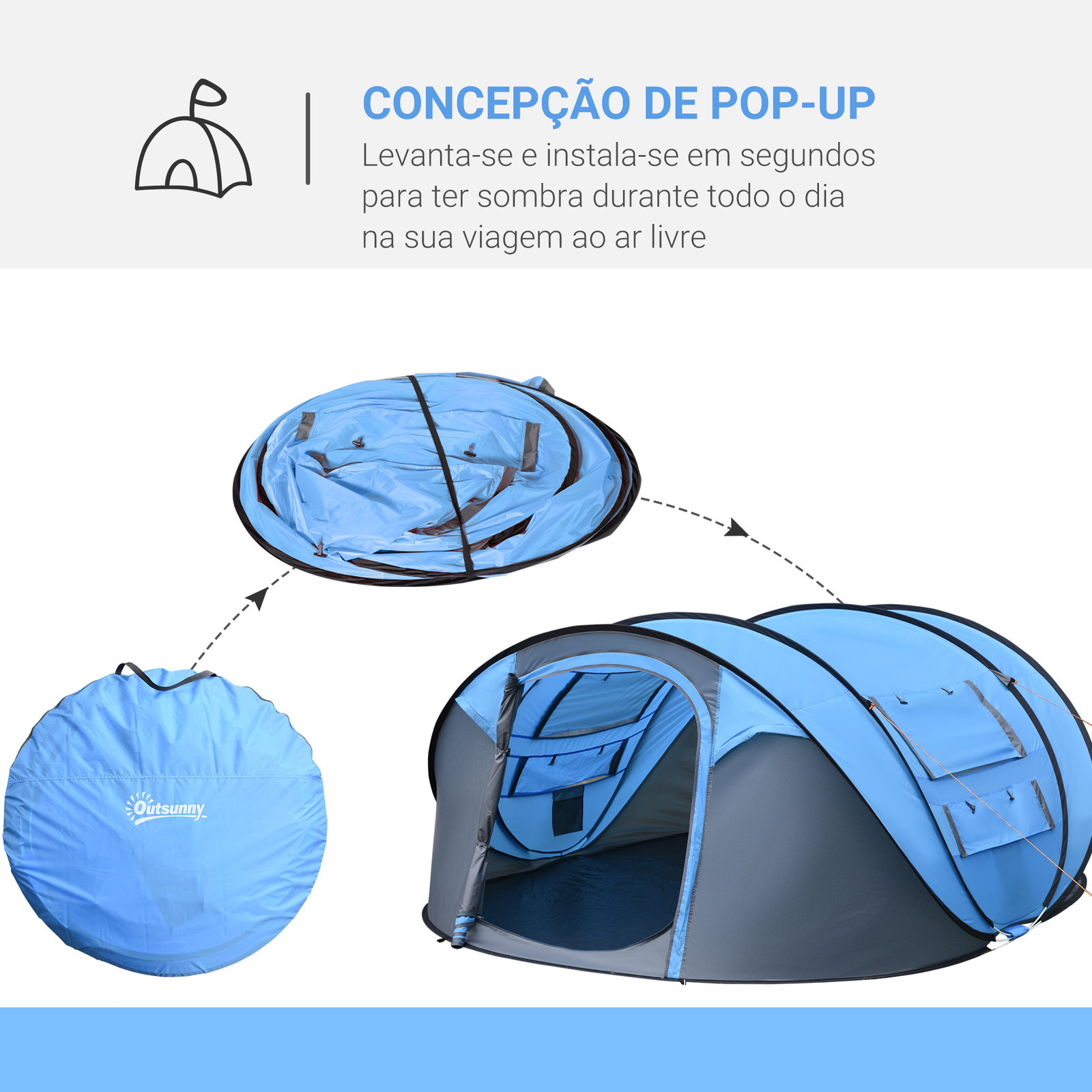 Tenda de campismo pop-up para 2-3 pessoas com janelas impermeável anti-UV 263,5x220x123 cm azul