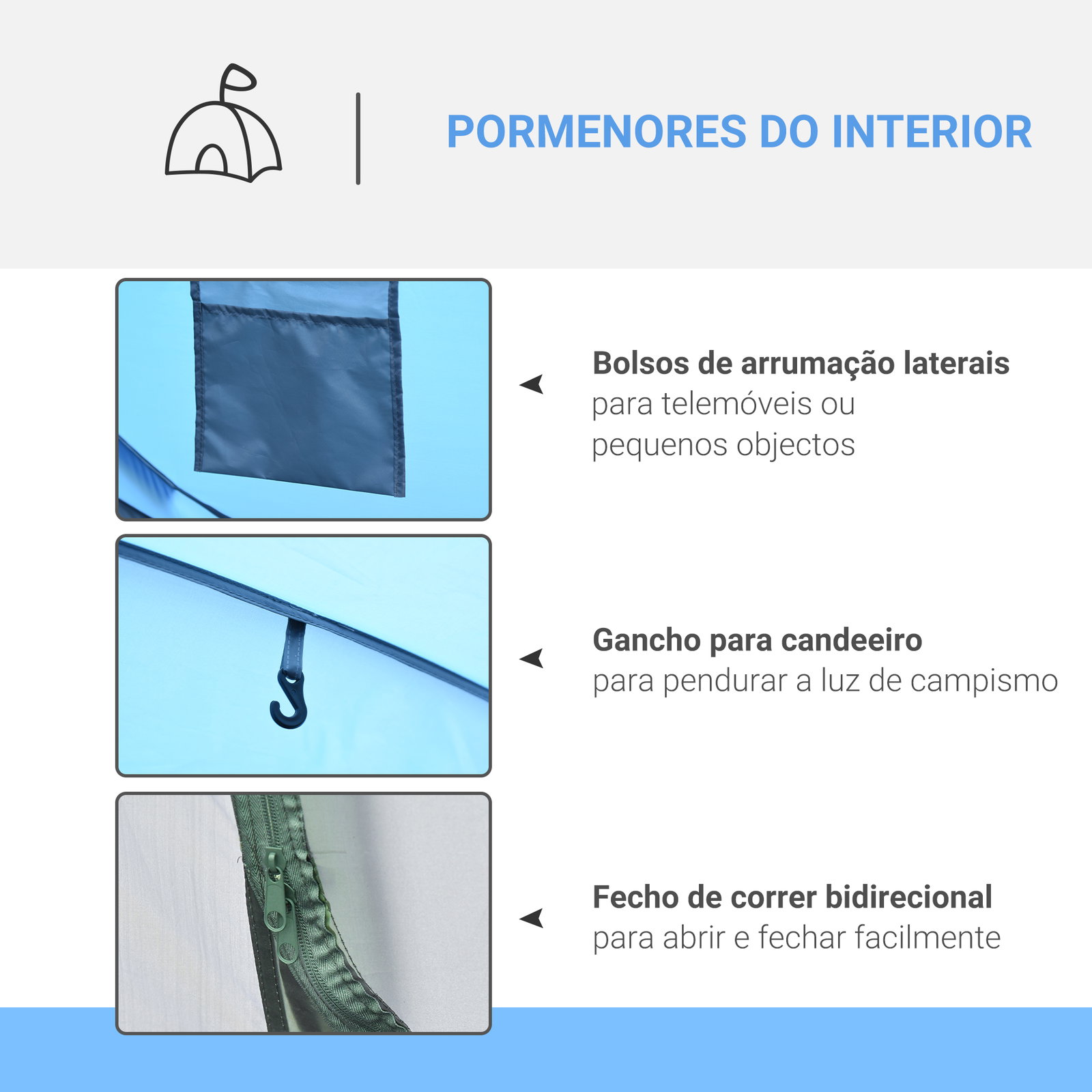 Tenda de campismo pop-up para 2-3 pessoas com janelas impermeável anti-UV 263,5x220x123 cm azul