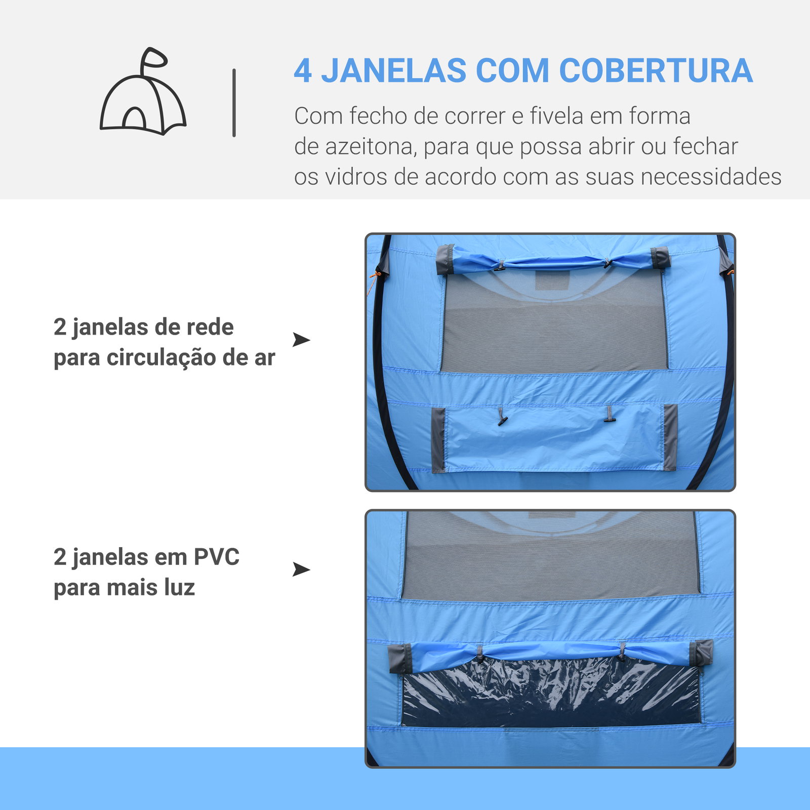 Tenda de campismo pop-up para 2-3 pessoas com janelas impermeável anti-UV 263,5x220x123 cm azul