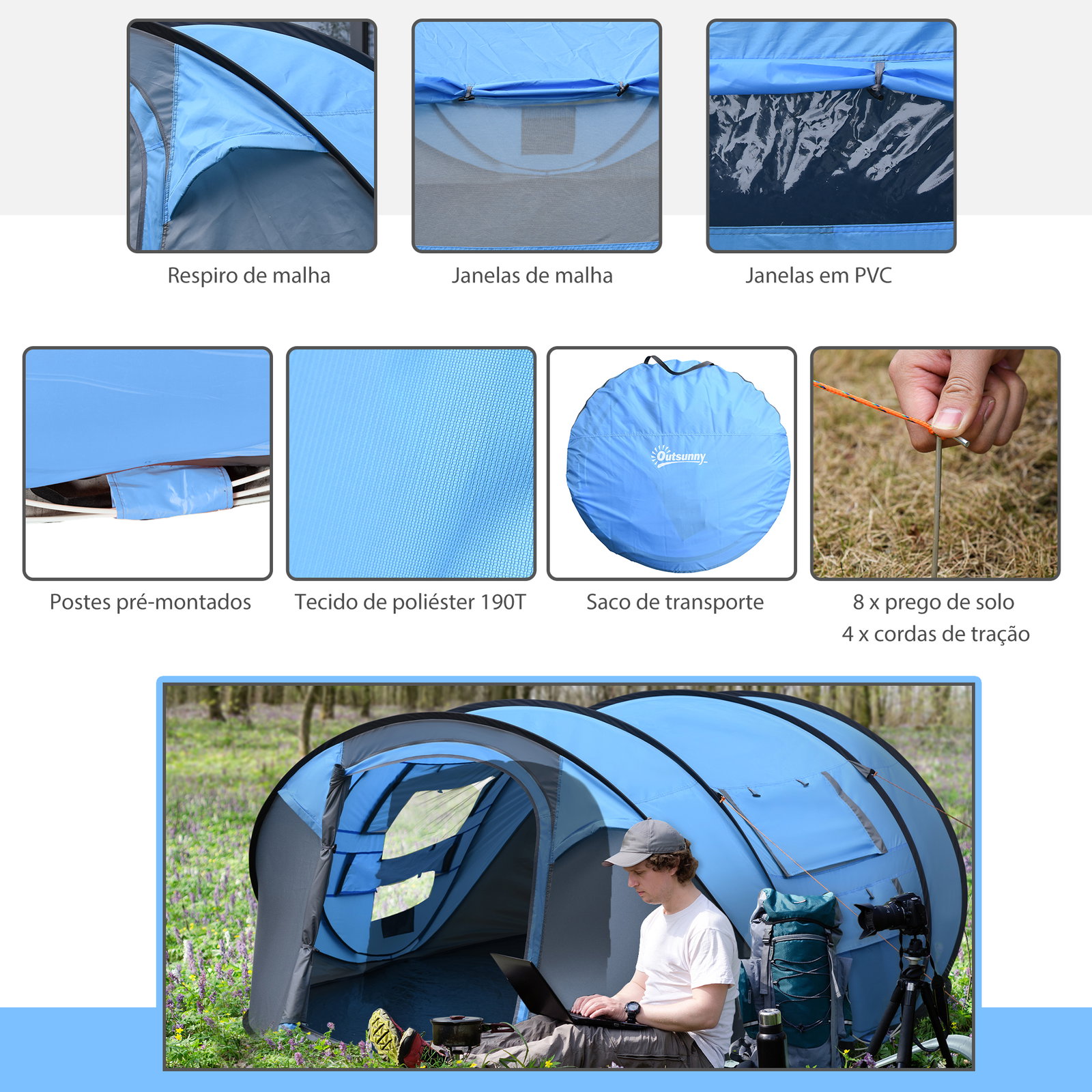 Tenda de campismo pop-up para 2-3 pessoas com janelas impermeável anti-UV 263,5x220x123 cm azul