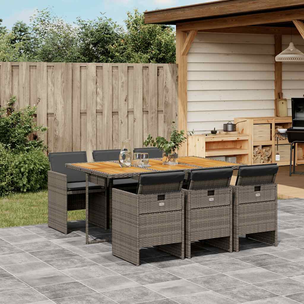 7 Pcs conjunto de jantar p/ jardim c/ almofadões vime PE cinza