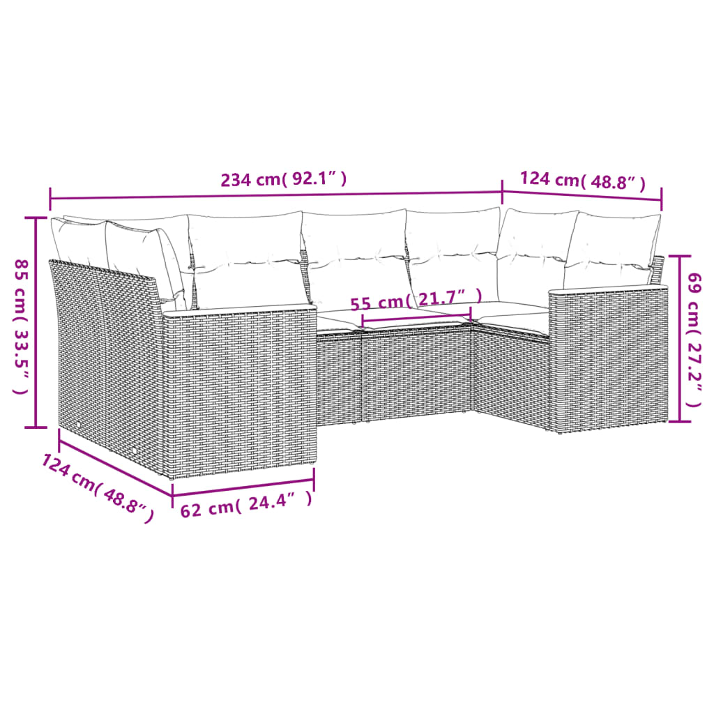 6 Pcs conjunto sofás de jardim c/ almofadões vime PE preto