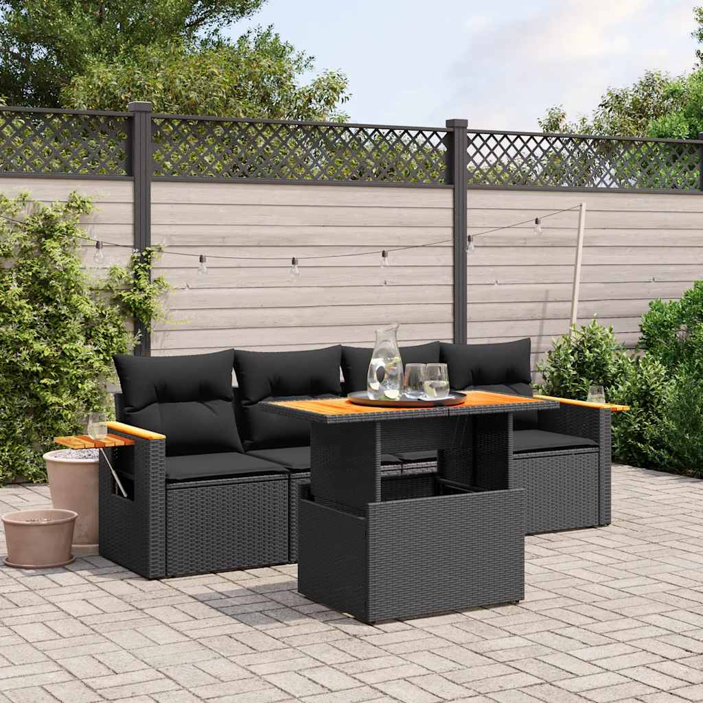 5 Pcs conjunto sofás de jardim com almofadões vime PE preto