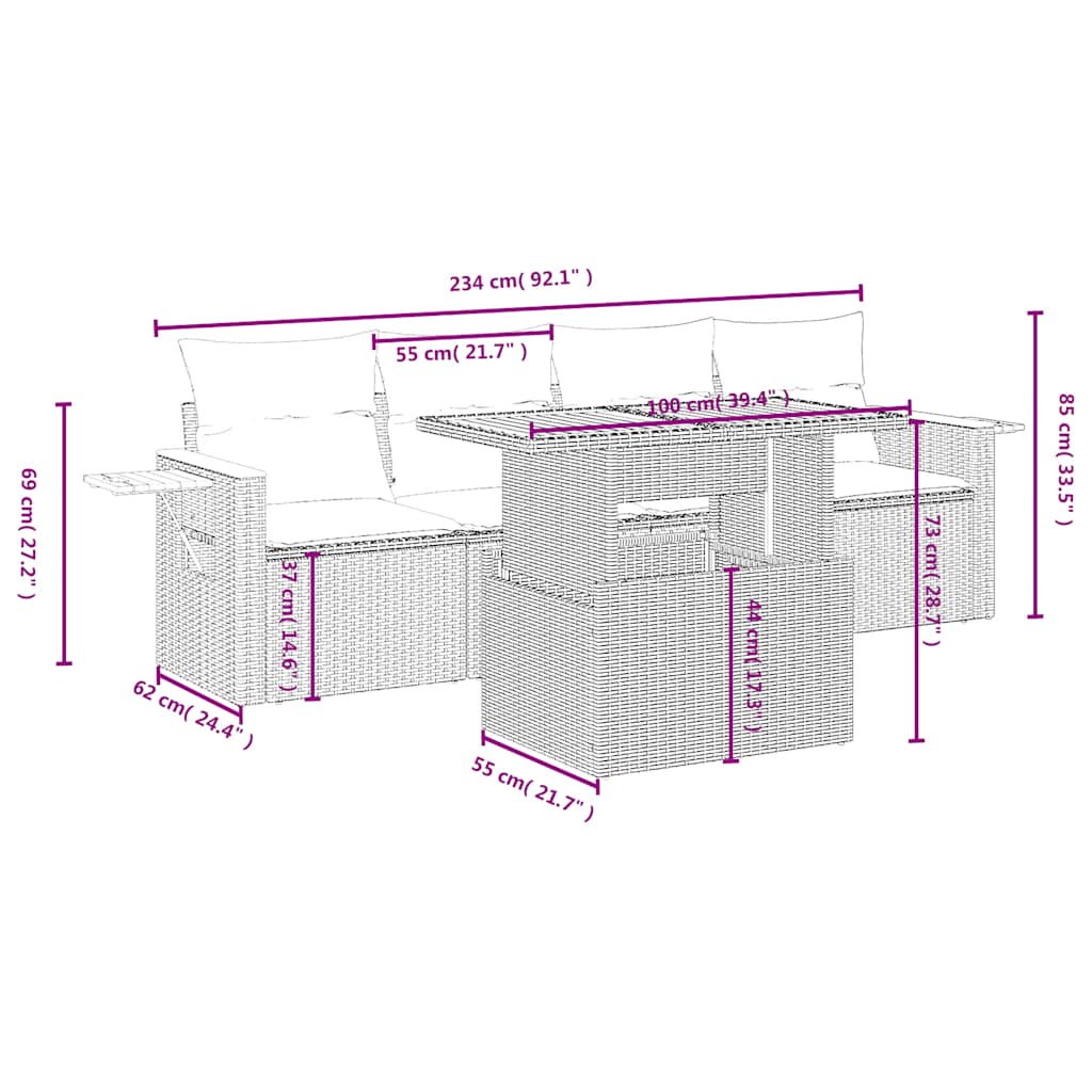 5 Pcs conjunto sofás de jardim com almofadões vime PE preto