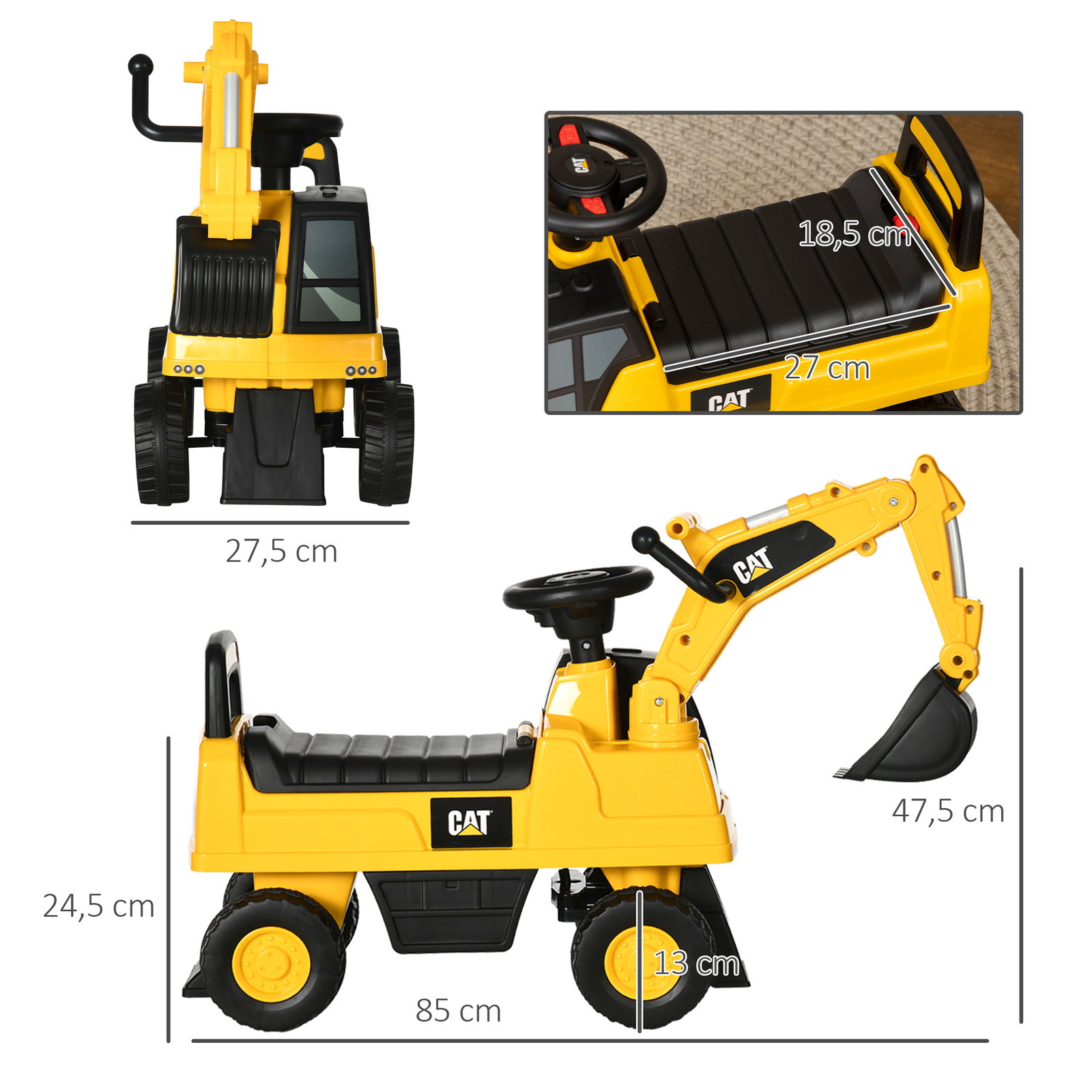 Escavadora com licença caterpillar escavadora para crianças com pá dianteira e buzina 85x27,5x47,5 cm amarelo