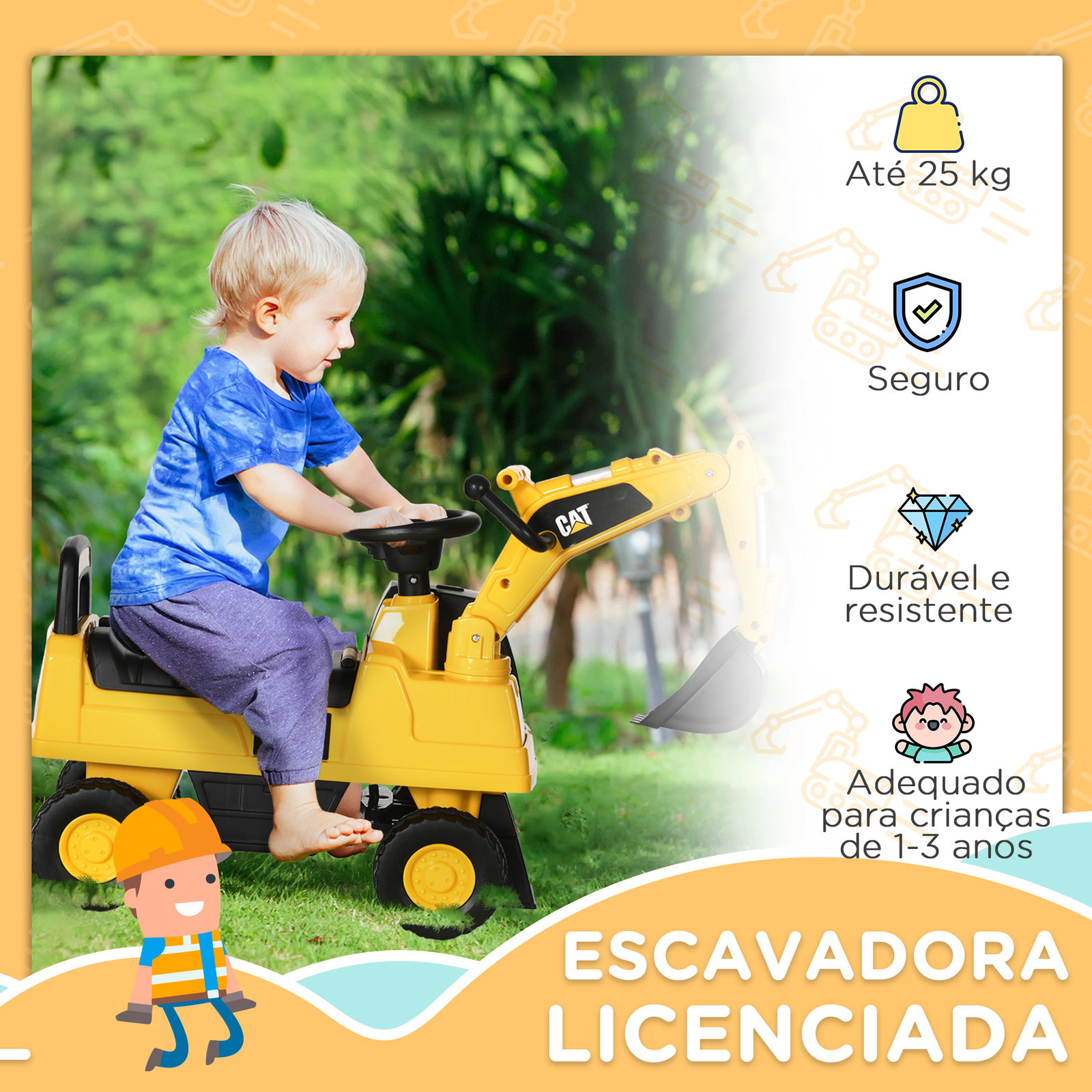 Escavadora com licença caterpillar escavadora para crianças com pá dianteira e buzina 85x27,5x47,5 cm amarelo