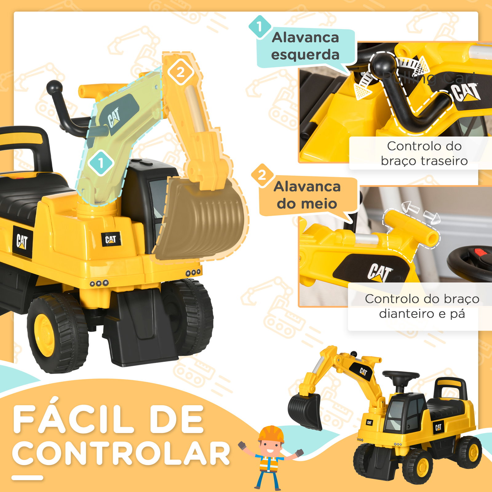 Escavadora com licença caterpillar escavadora para crianças com pá dianteira e buzina 85x27,5x47,5 cm amarelo