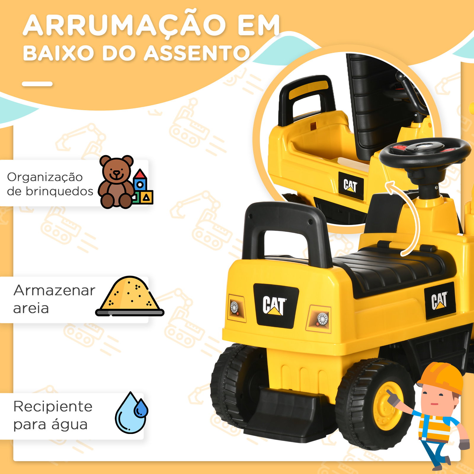 Escavadora com licença caterpillar escavadora para crianças com pá dianteira e buzina 85x27,5x47,5 cm amarelo